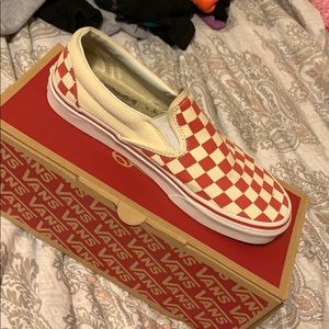 red checkerboard slip ons
